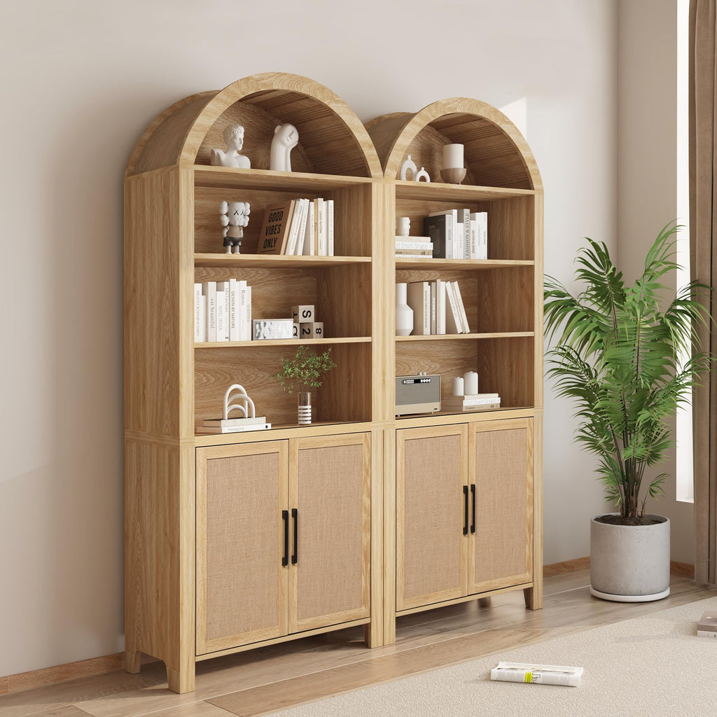 71" Tall Boho Rattan Arched Bookcase with Doors, Natural