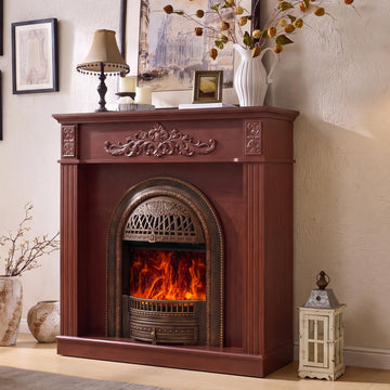 45" Electric Fireplace with Mantel, Cherry Red Farmhouse FreeStanding Electric Fireplace Heater Entertainment Center