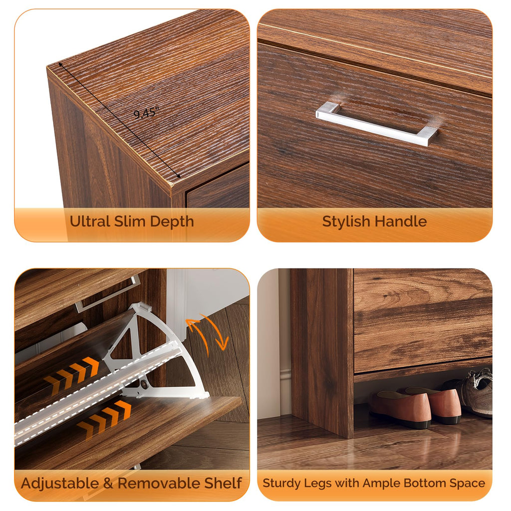 Walnut Shoe Cabinet, Slim Rustic Shoe Storage Cabinet with 4 Flip Drawers, Mid-Century Modern Wood Shoe Rack