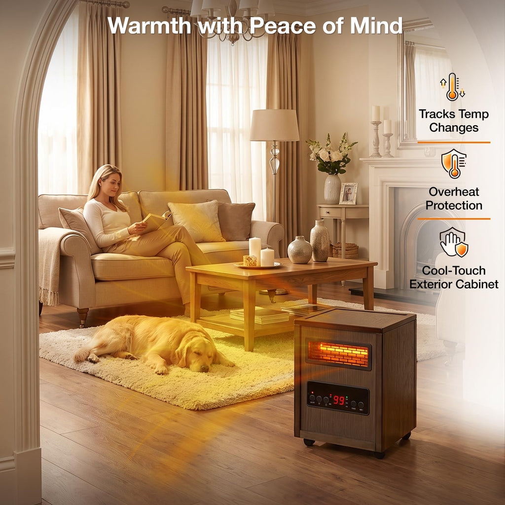 1500W Infrared Dual Heating Space Heater with Remote Control, 3 Heat Modes, Timer, Portable Electric Room Heater with