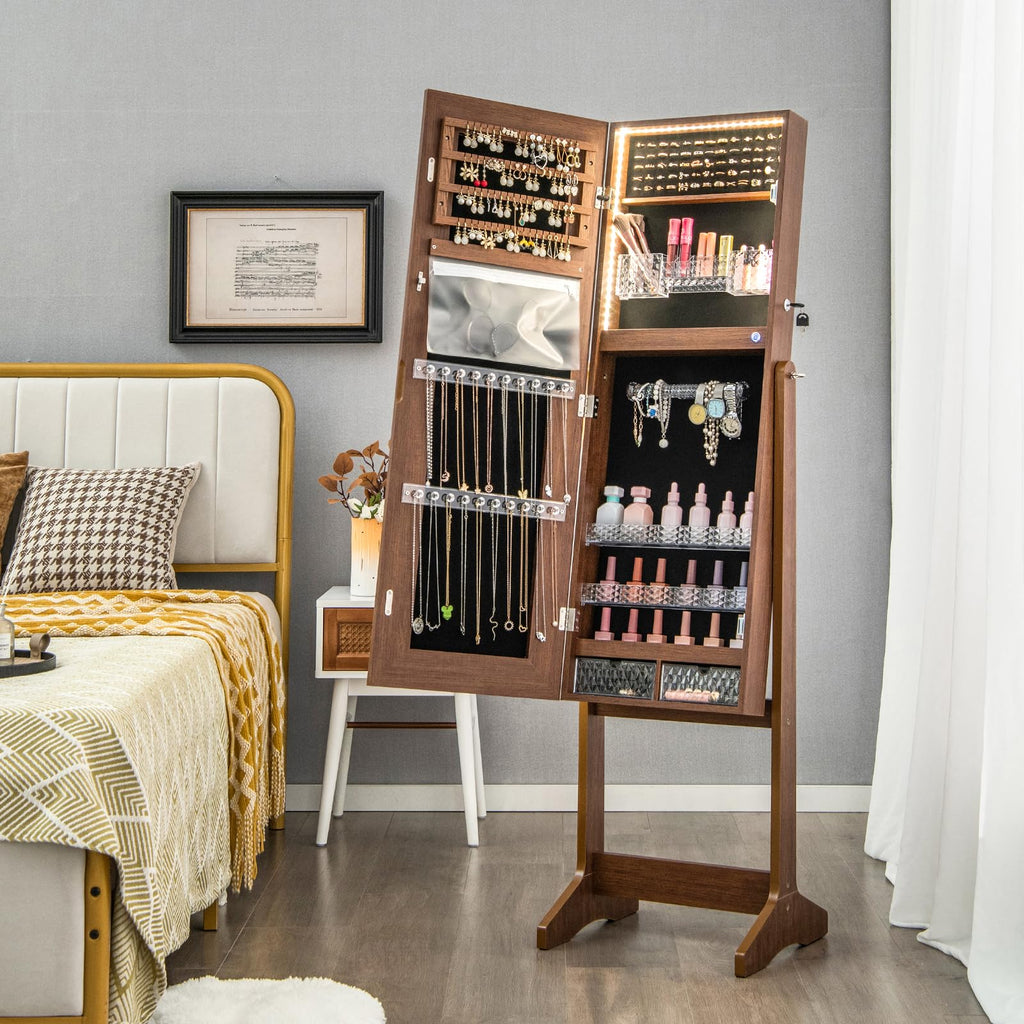 Standing Jewelry Cabinet with LED Lights & Full-Length Mirror (Walnut)