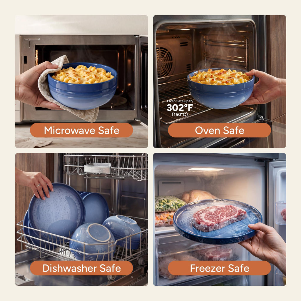 Stoneware Dinnerware Set for 4, 12 pcs Plates and Bowls Set, Blue
