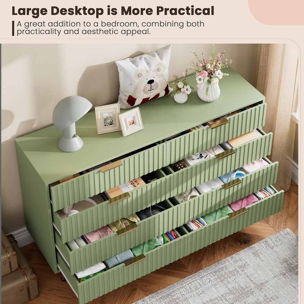 55" Fluted Green 8 Drawer Dresser with Deep Drawers