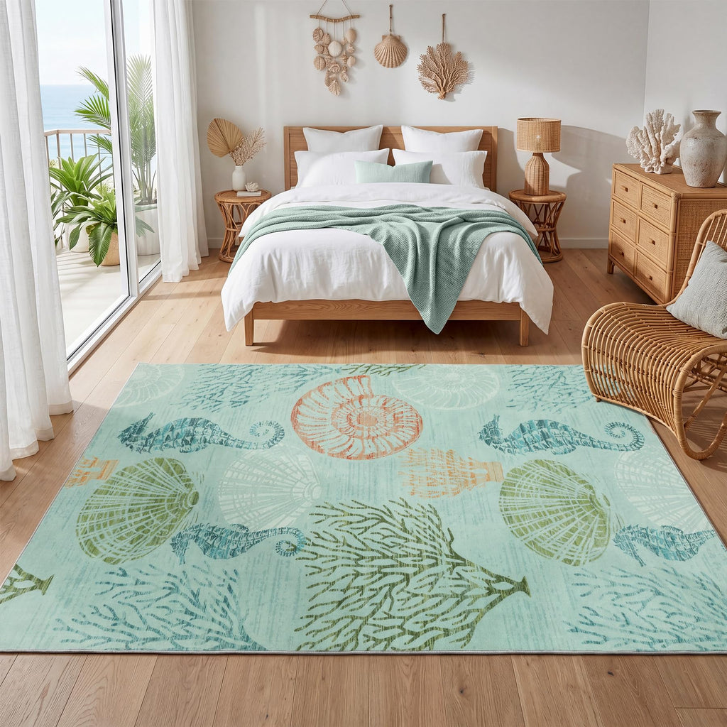 Boho Coastal 5x7 Washable Area Rugs, Green/Coral