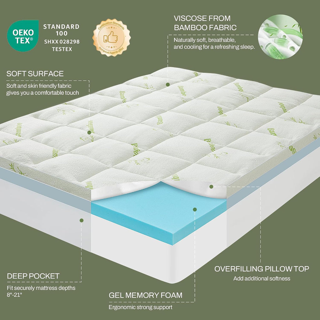 Queen Memory Foam Mattress Topper, 4 Inch Dual Layer Gel Foam Mattress Pad with Soft Pillow Top Cover, Viscose Made