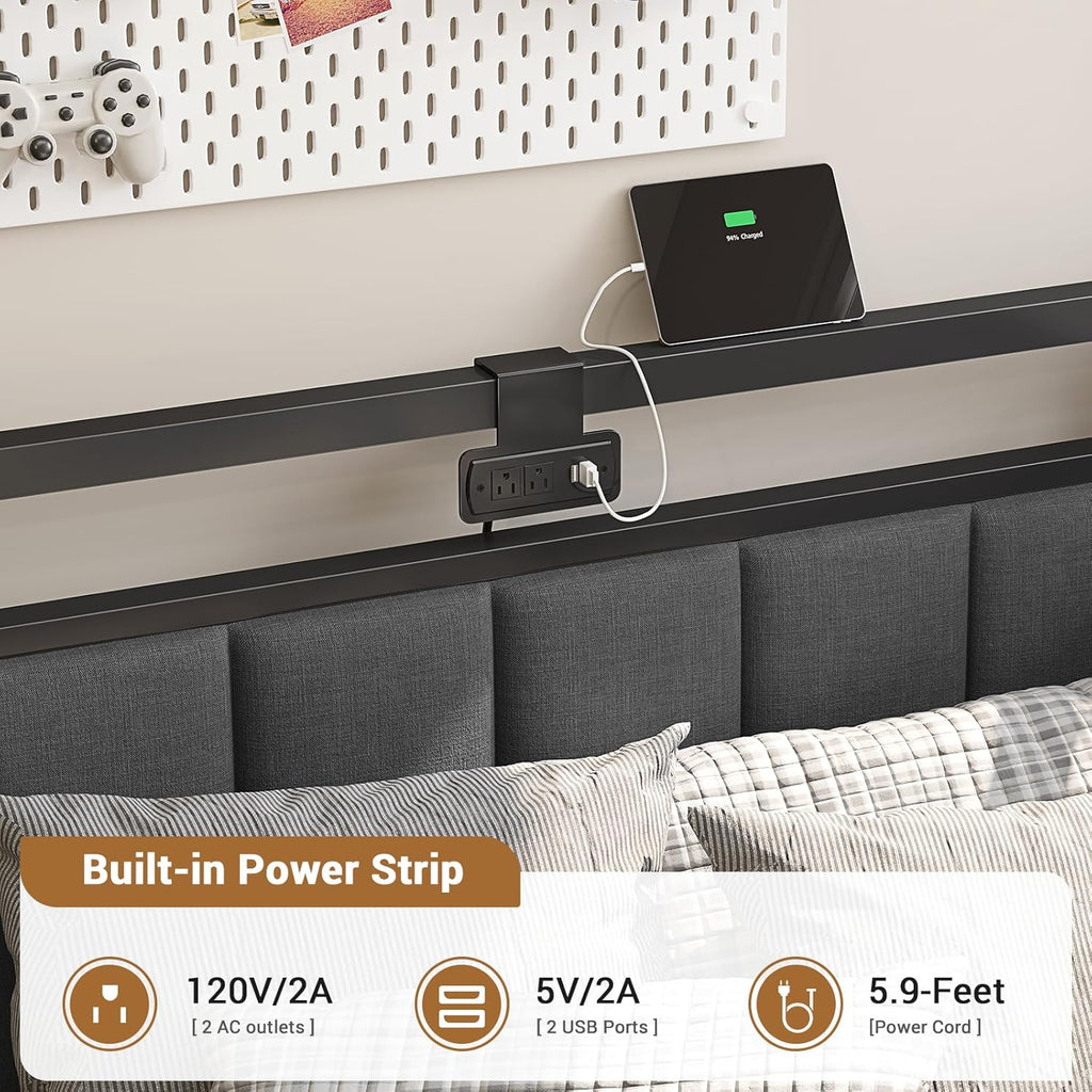 Corner Bed Frame with Storage Drawers, Twin Daybed with Line Fabric Upholstered Fence, Kids Bed Unit with LED Light