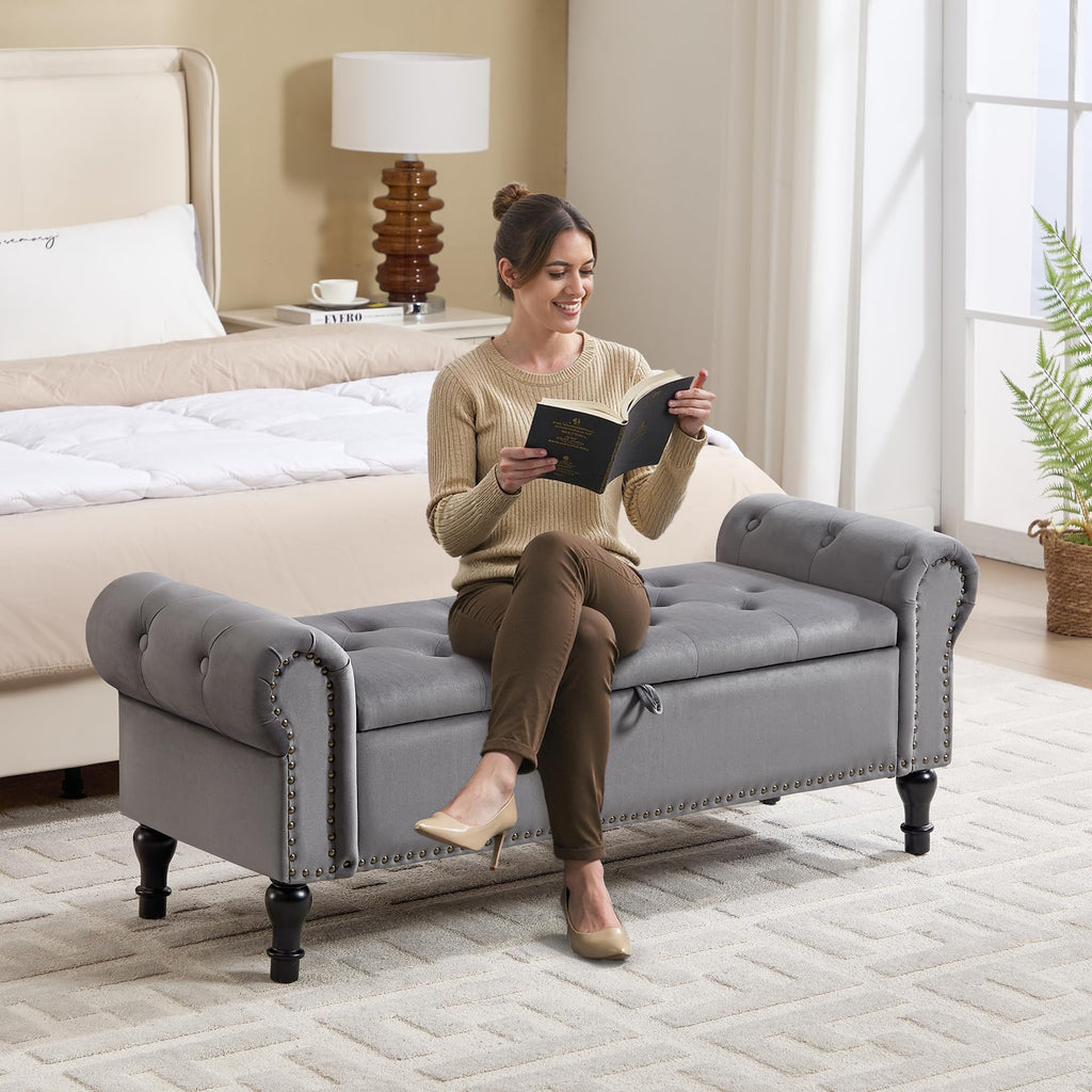 51" Storage Bench, Velvet End of Bed Bench, Queen Size Bench with Rolled Arms, Tufted Storage Ottoman Benches