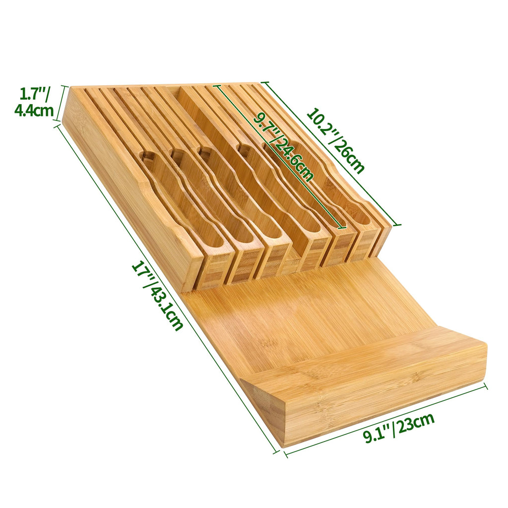Bamboo Knife Drawer Organizer, Knife Drawer Organizer Insert, Kitchen Drawer Knife Block for 12 Knives and a PLUS