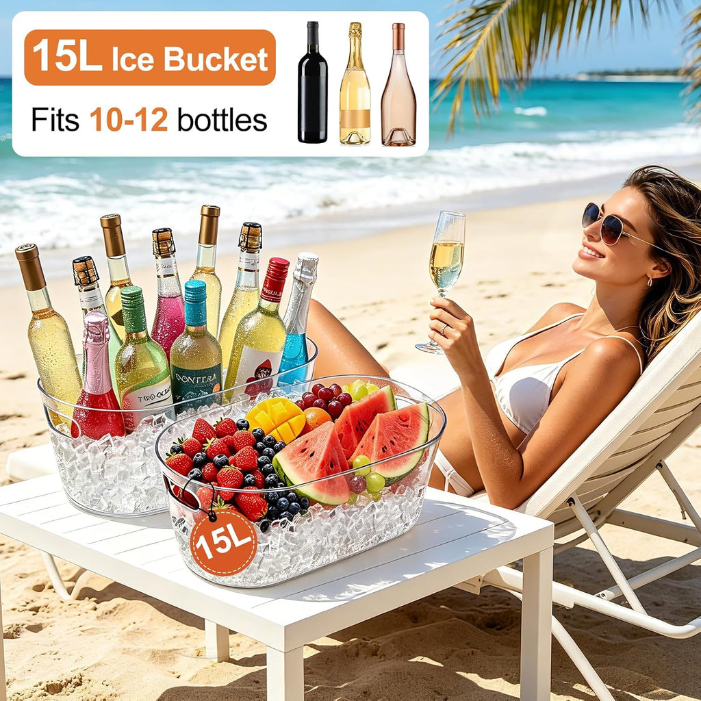 Ice Buckets for Parties, 15L Large Ice Bucket, 4 Gallon Clear Acrylic Champagne Ice Buckets with 2 Scoops - Set of 2