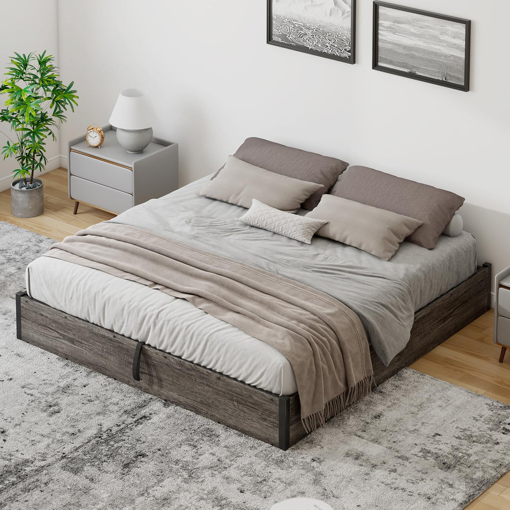 Bed Frame with Lift Up Storage, Rustic Grey