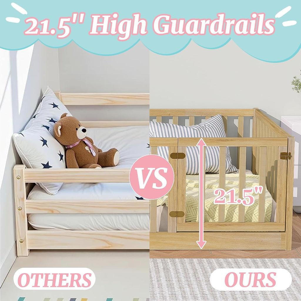 Twin Montessori Floor Bed Frame with High Rails and Door, Wood Twin Floor Bed with Slats, Low Profile Kids Bed Frame