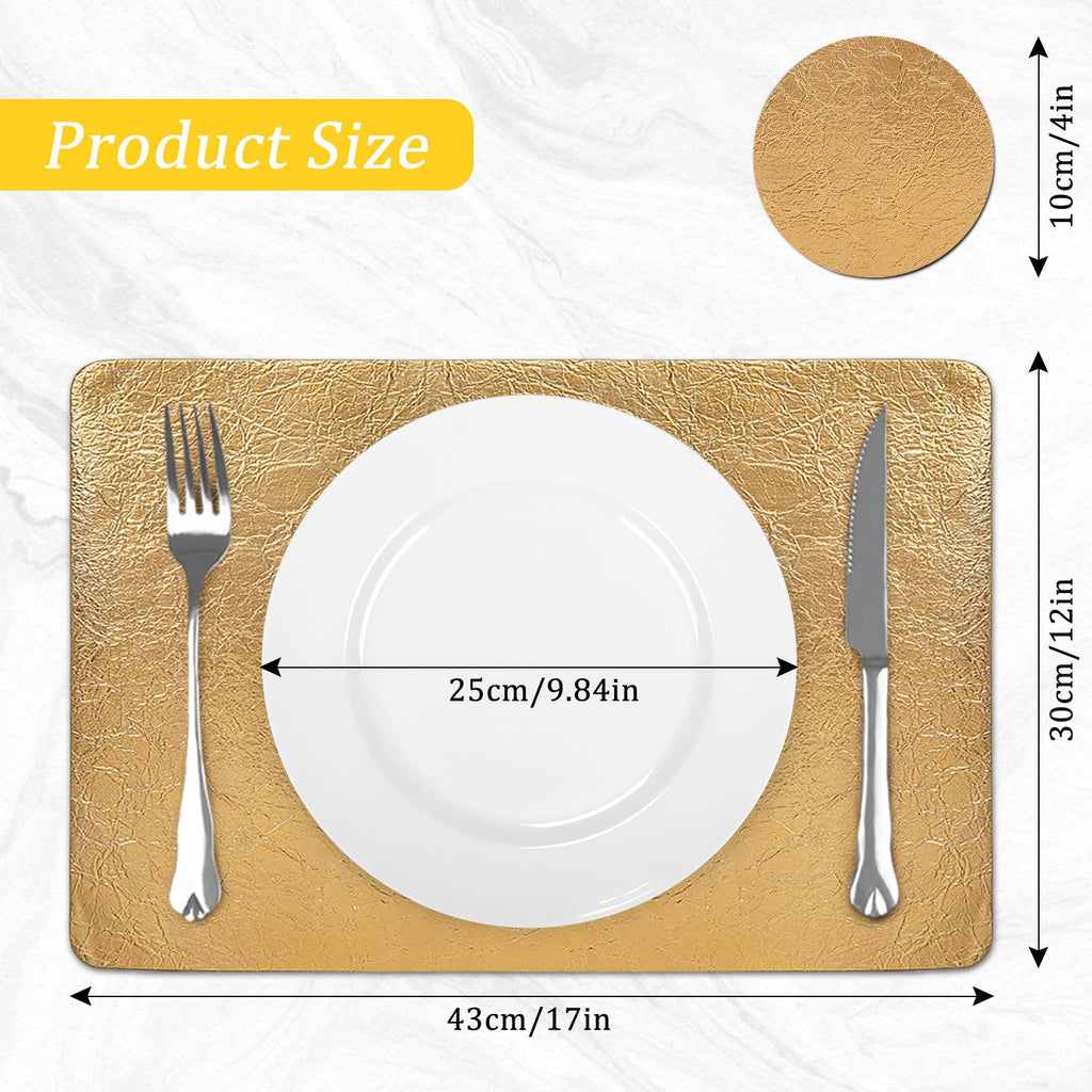Faux Leather Placemats Set of 6 with Coasters, 12x17inch Non-Slip Heat Resistant Dual-Sided Gold Crackled Place Mats