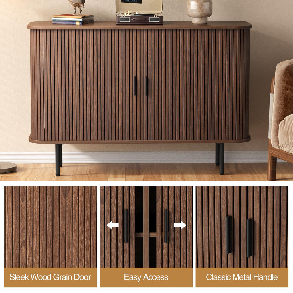47''W x 32''H Walnut Storage Cabinet, Fluted Sideboard Buffet Cabinet with Storage, Console Table Credenza with