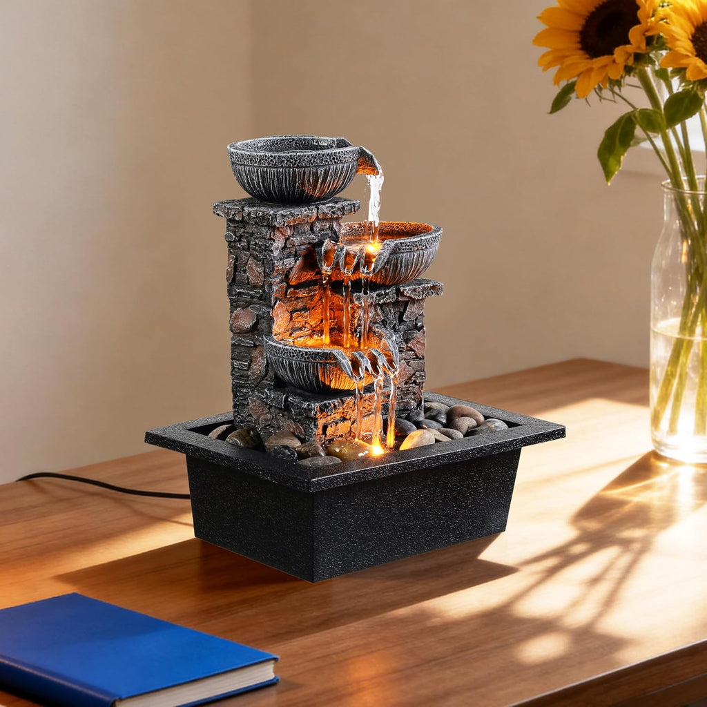 Tabletop Fountain 3 Bowls with LED Light Soothing Water Flowing Sound Fountain Zen/Meditation Decor Home Décor