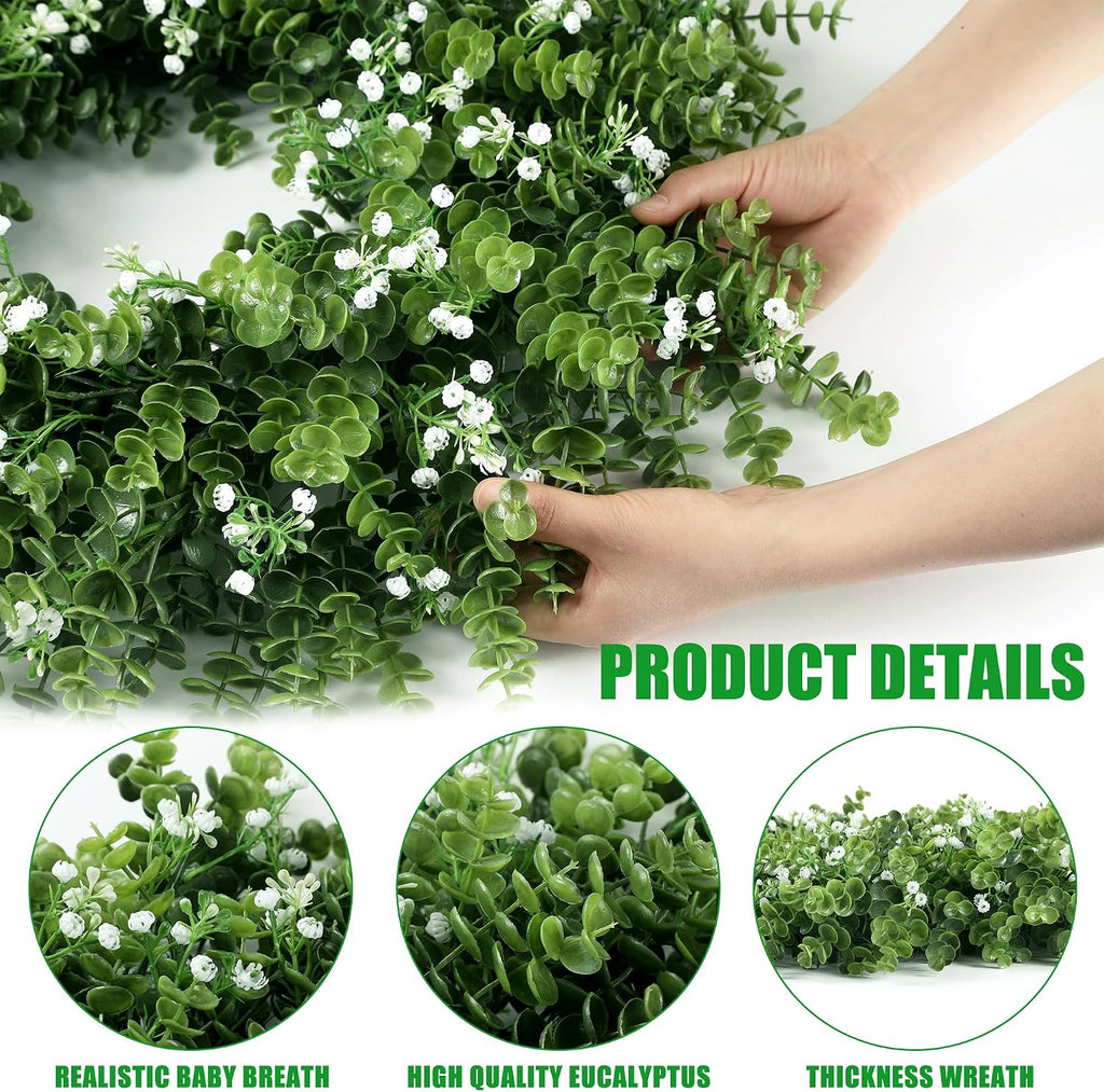 24'' Large Boxwood Wreath for Front Door Artificial Spring Summer Wreath with Baby's Breath Greenery Wreaths