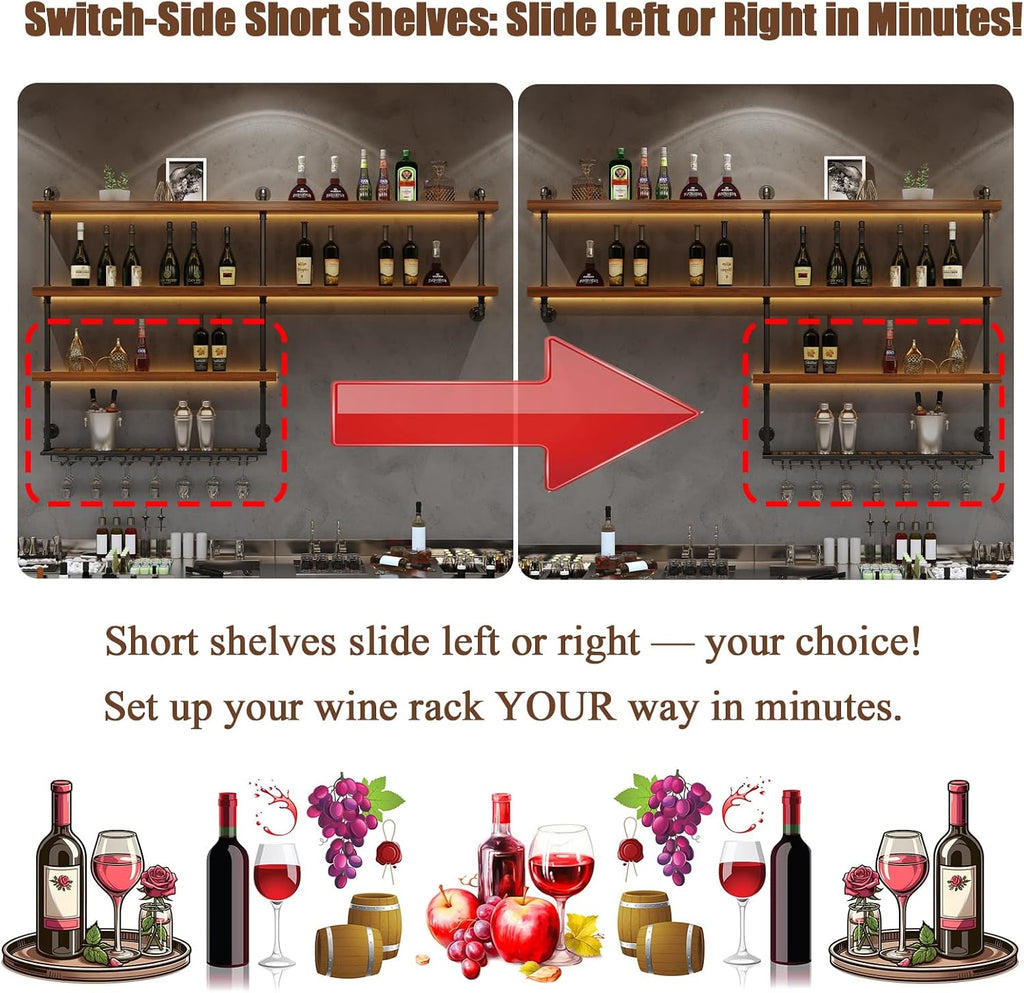 Solid Wood LED Wall Mounted Wine Rack (39.4 in/ 100CM) | 4 Tiers Liquor Bottles Floating Shelves with Glass Holder