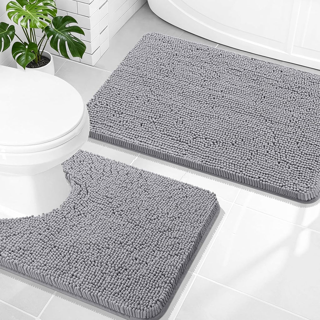 Bathroom Rugs Sets 2 Piece, Soft Absorbent Chenille Bath Mats and U-Shaped Contour Toilet Mat Area Rug Set, Machine