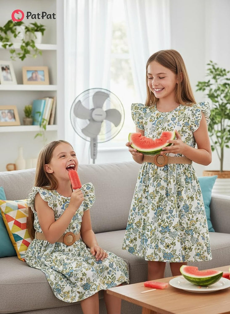 Girls Boho Floral Swing Dress Ruffle Sleeve Braided Belt