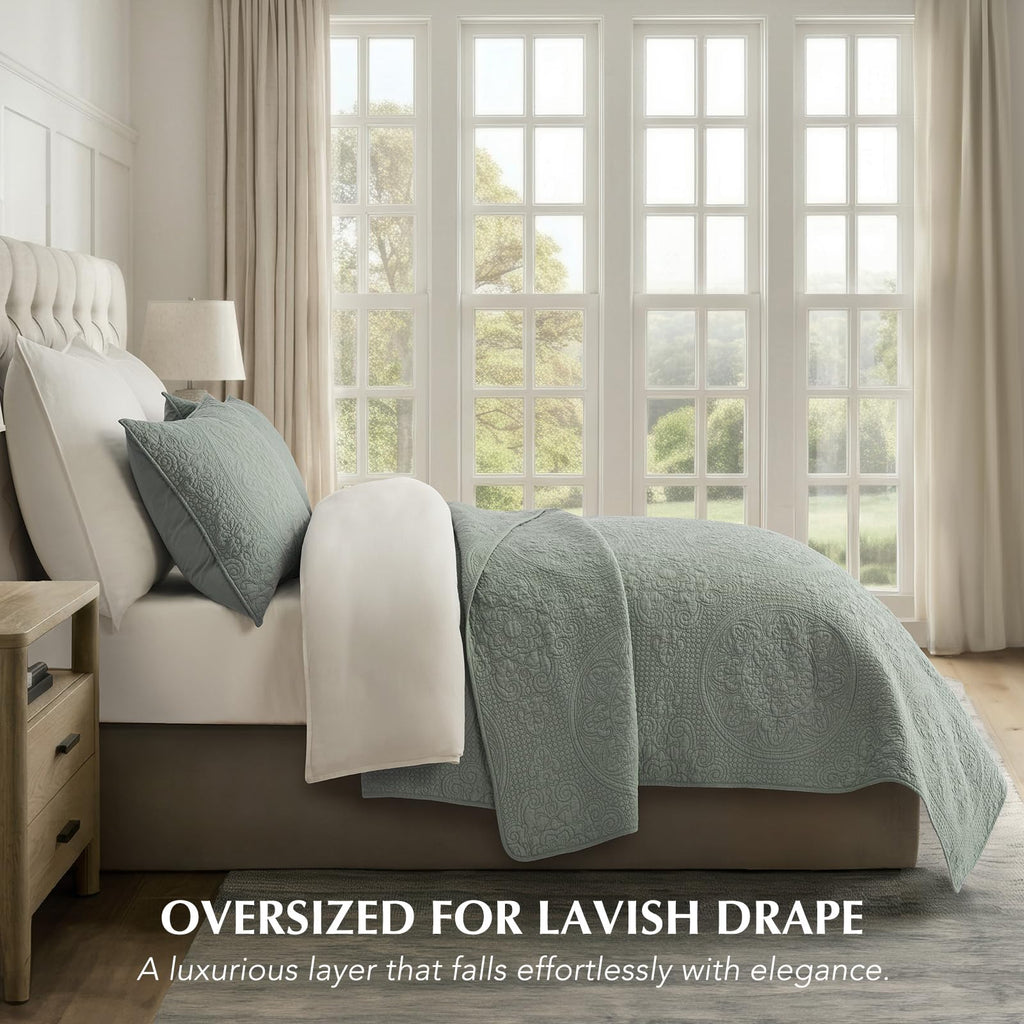 100% Cotton Medallion Stitch Quilt Set, Soft Sea