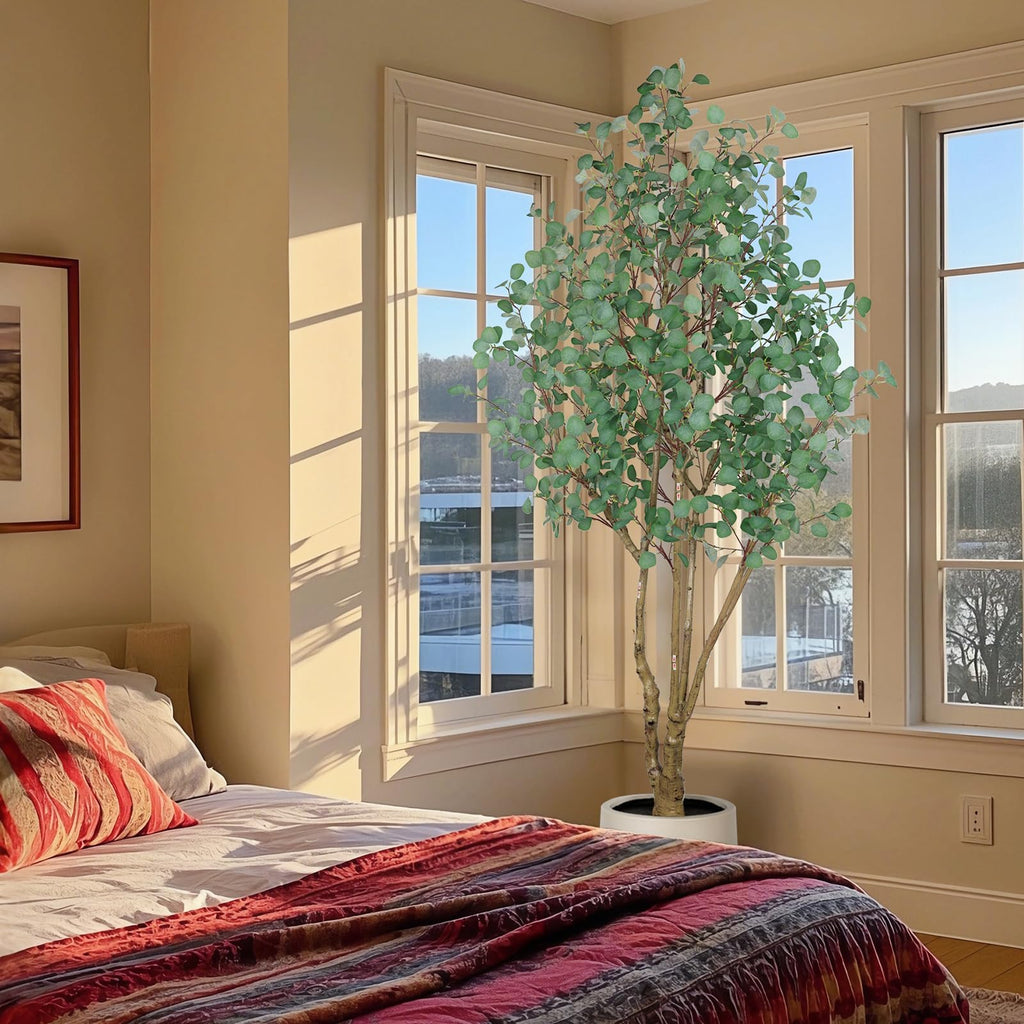 Artificial Eucalyptus Trees with White Planter, 8 FT Faux Eucalyptus Plants Indoor Tall Fake Floor Trees with Silk