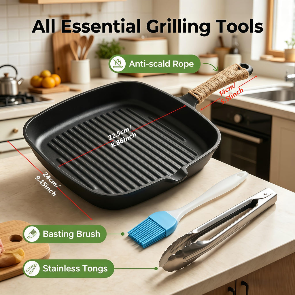 Cast Iron Grill Pan, 9.5" Square Griddle Skillet with Pour Spout, Oven Safe