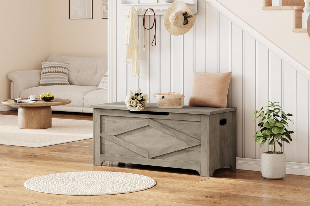 Farmhouse Wooden Storage Chest Bench, Safety Hinges, Spacious Multipurpose Organizer, or Playroom, Easy Assembly