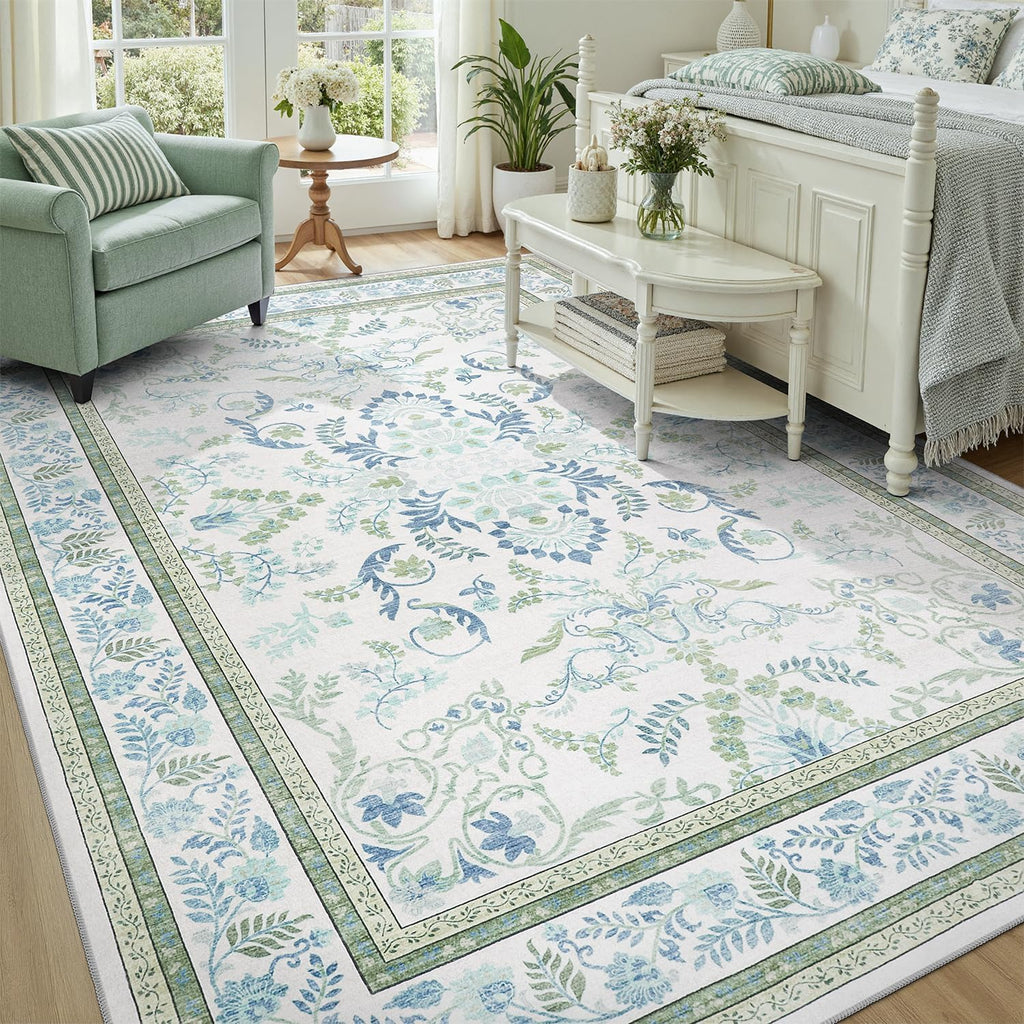 Green 8x10 Rug, Kid & Pet Friendly with Rubber Back Non Slip, Machine Washable Stain Resistant Botanical Floral Rug