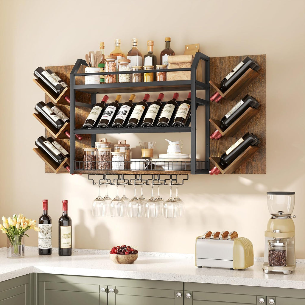 48.6in Wall Mounted Wine Rack, 3 Tier Hanging Wine Racks with Glass Holder, Large Capacity Bar Shelves, Metal Wood