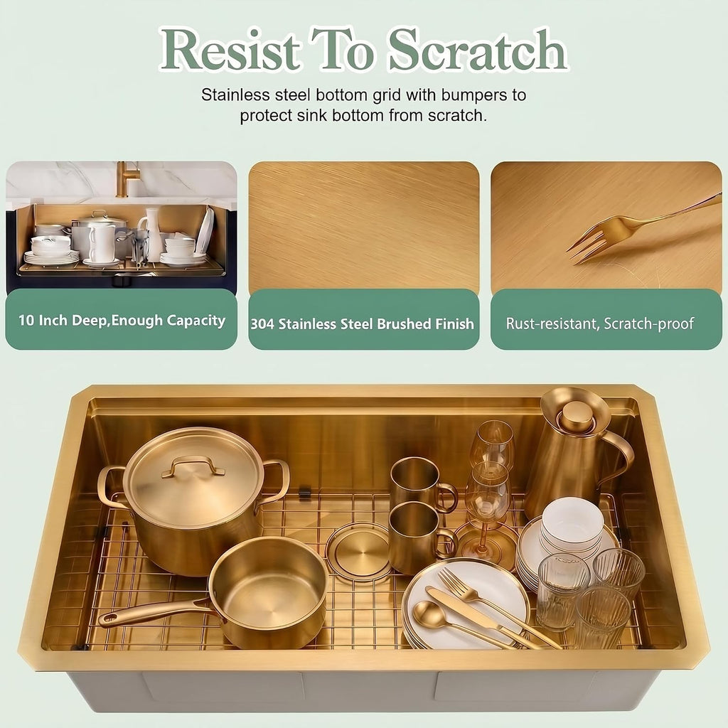 Gold Undermount Kitchen Sink,16 Gauge SUS304 Stainless Steel All In One Workstation Sinks with Full Set Accessories