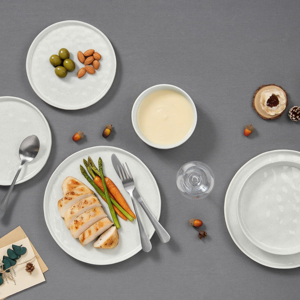Stoneware Dinnerware Set, 8-Piece White Plates and Bowls Sets for 2