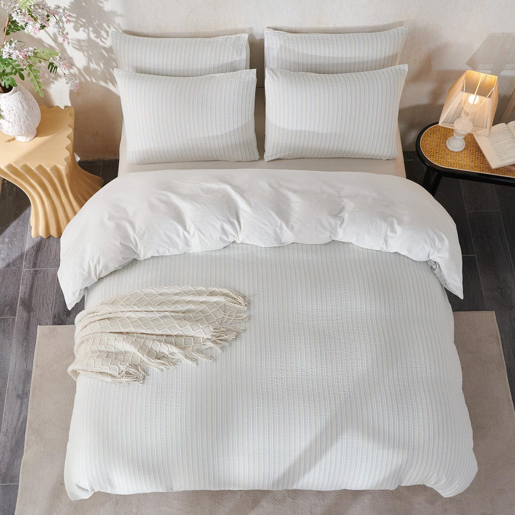 Light Blue Striped Duvet Cover Washed Cotton Jacquard 3 Pieces Bedding White Blue Vertical Ticking Stripes