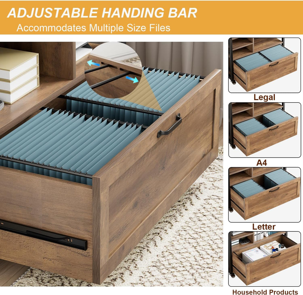 33 Inch Filing Cabinet ,Rustic Oak File Cabinet | Mobile Rolling Printer Stand with Storage Shelf with Drawer for