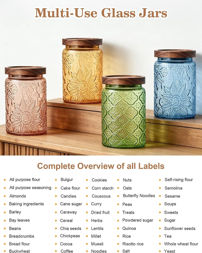 Glass Jar with Airtight Wood Lid - 34 OZ Kitchen Bathroom Pantry Canister, Decorative Vintage Storage Container - Set of 4