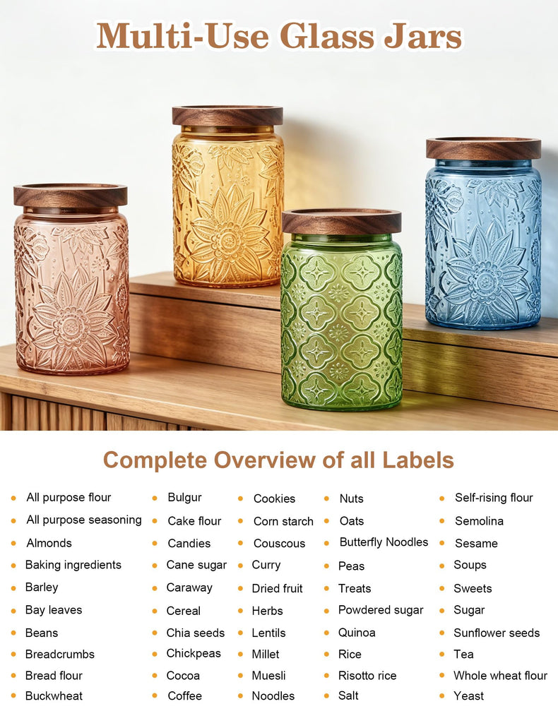 Glass Jars with Airtight Wood Lids - 4 PC 24 OZ Vintage Storage Canisters Set Pantry Bathroom, Decorative Beautiful