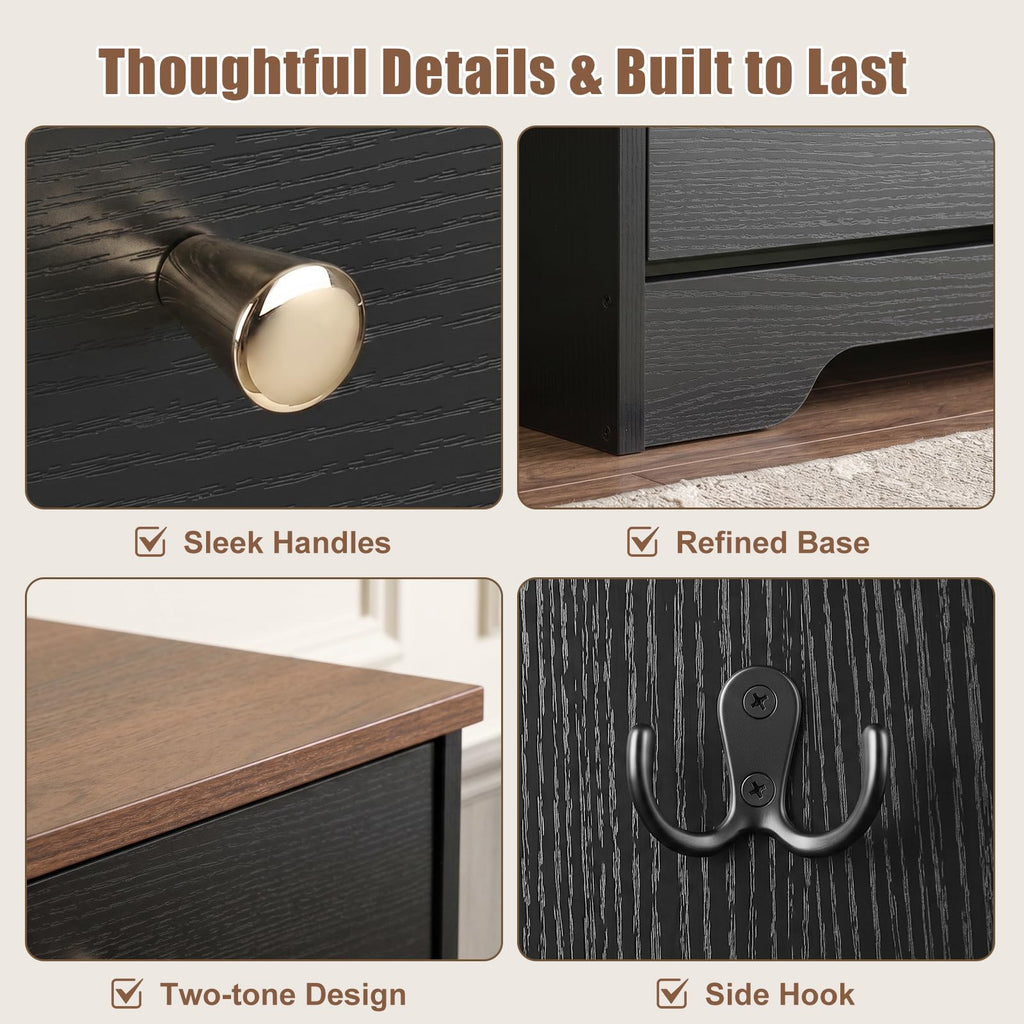 Shoe Cabinet, 2 Flip Drawers Slim Black Walnut Top Entry Storage