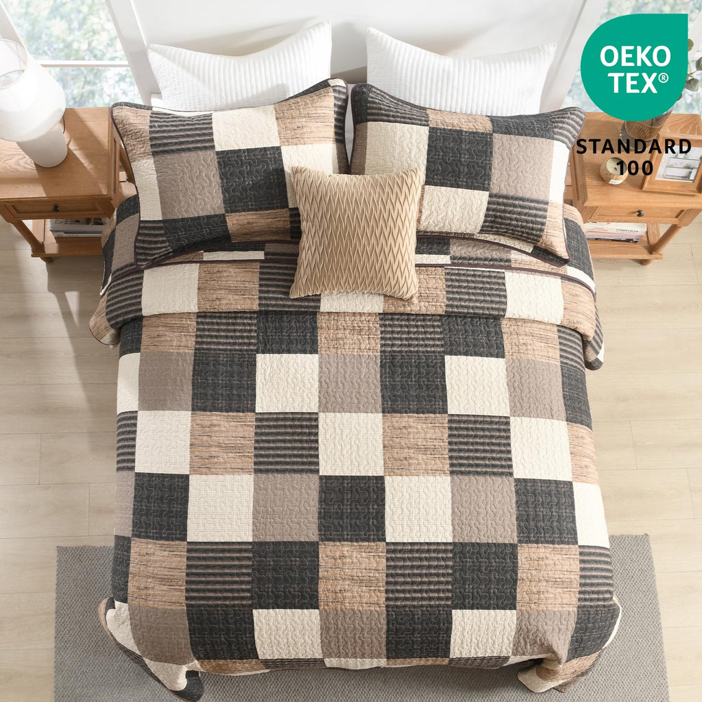 100% Cotton Quilt Set, Farmhouse Plaid Rustic Bedspread
