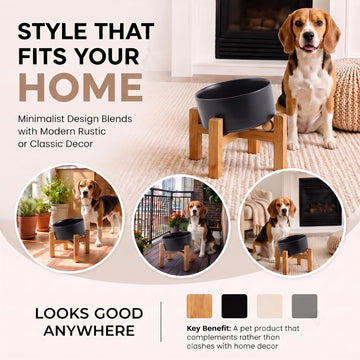 Elevated Ceramic Dog Bowl/Raised Ceramic Dog Bowls with Bamboo Stand, 15°Slanted Raised Pet Feeder for Small Medium
