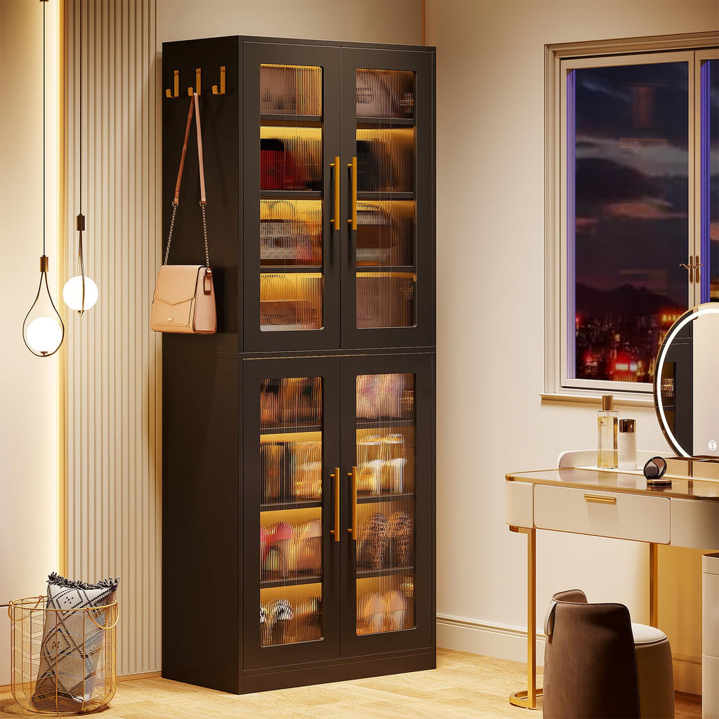 Tall Shoe Storage Cabinet with Acrylic Doors and LED Lights, 8-Tier Shoe Organizer Rack with Adjustable Shelves &