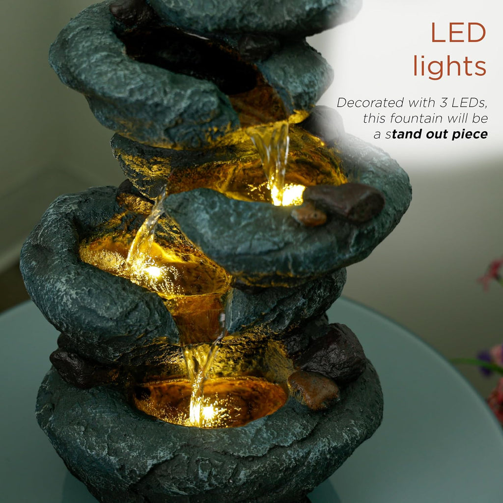 14" 3 Tier Rock Fountain with LED Lights, Elegant Cascading Water Feature for Tabletop, Indoor Decor, Relaxing Stone