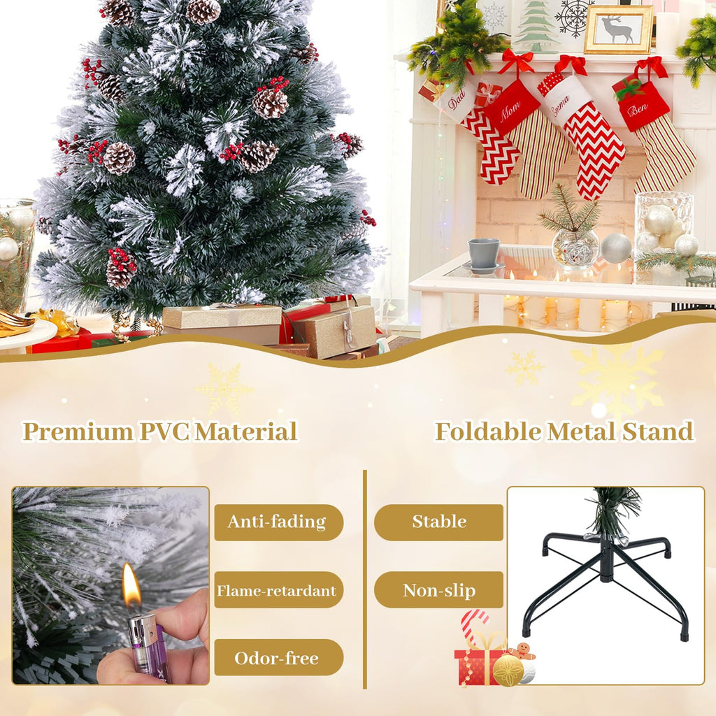 7 FT Pre-lit Fiber Optic Christmas Tree, Artificial Xmas Tree w/270 Snow-Flocked Branch Tips, 76 Cold White LED