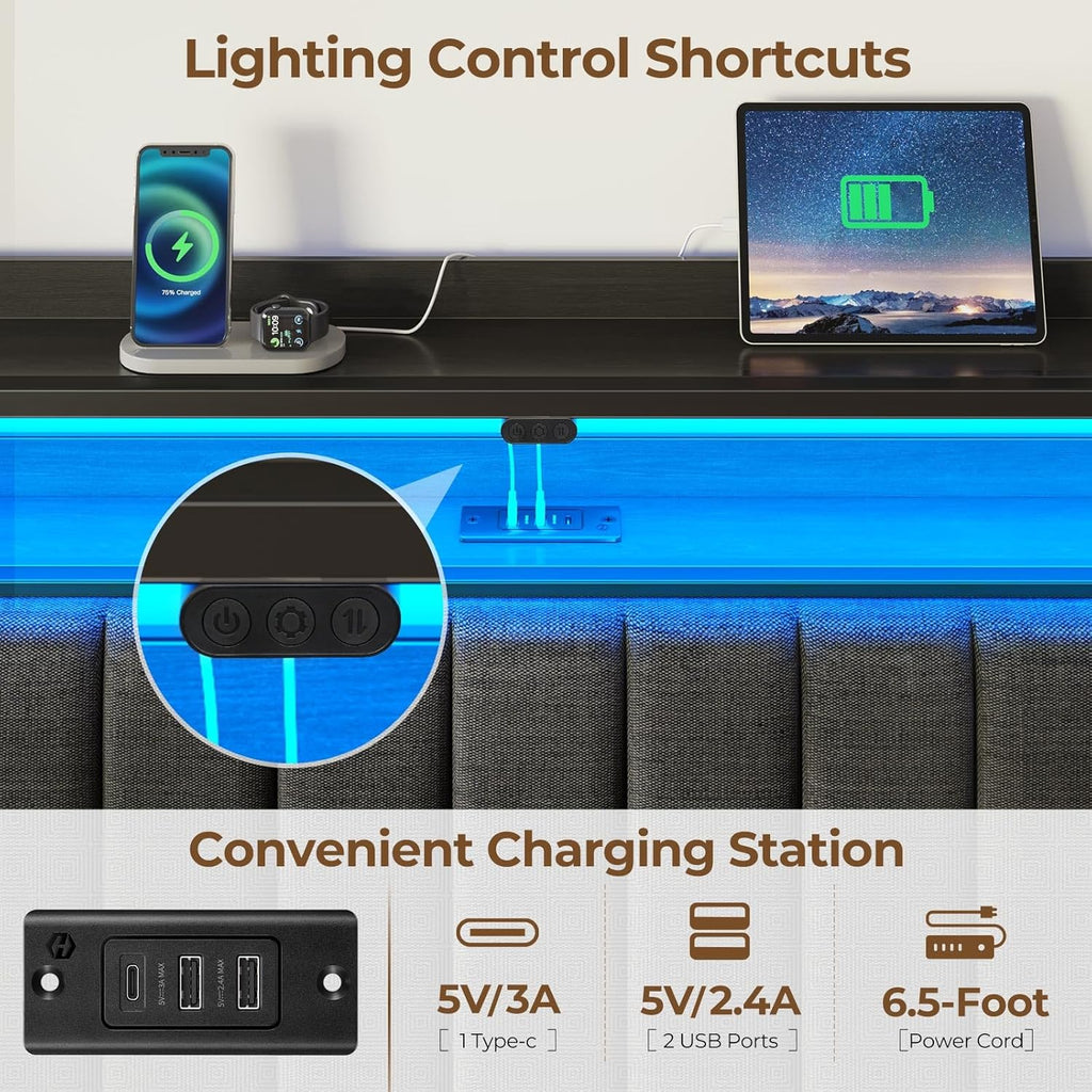 Headboard for King Bed with Storage, 60,000 DIY Color of LED Light, Head Board with USB & Type C Port