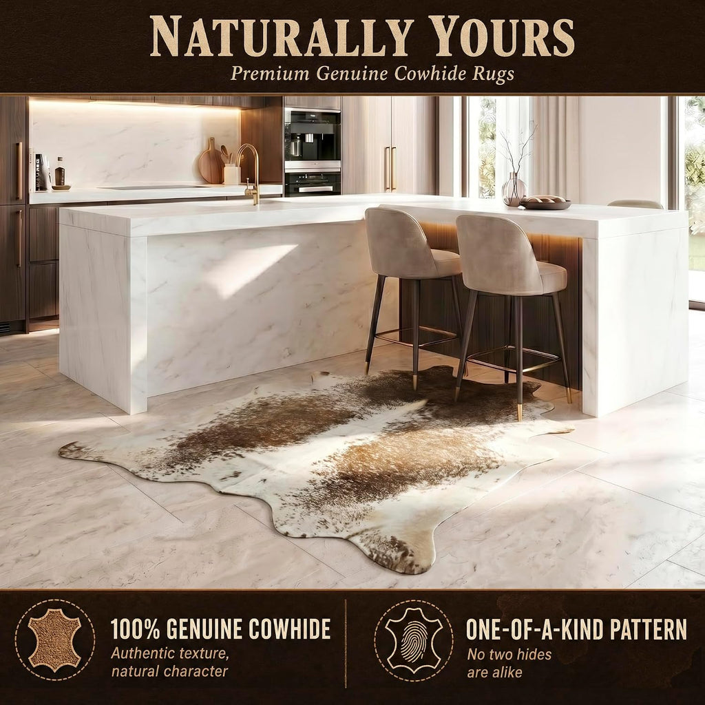 Kobe Cowhide Area Rug, Salt and Pepper Taupe White, 6x7 ft | Low Pile, Shed-Resistant, Brazilian Tannery Leather