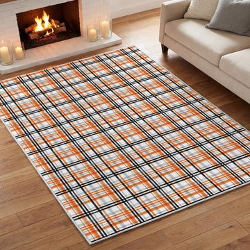 Orange Black Vintage Check Stripes Fall Area Rug