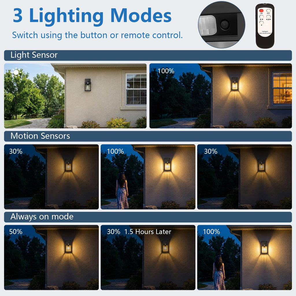 Solar Wall Lanterns Outdoor with 3 Lighting Modes & Motion Sensor, 2 Pack