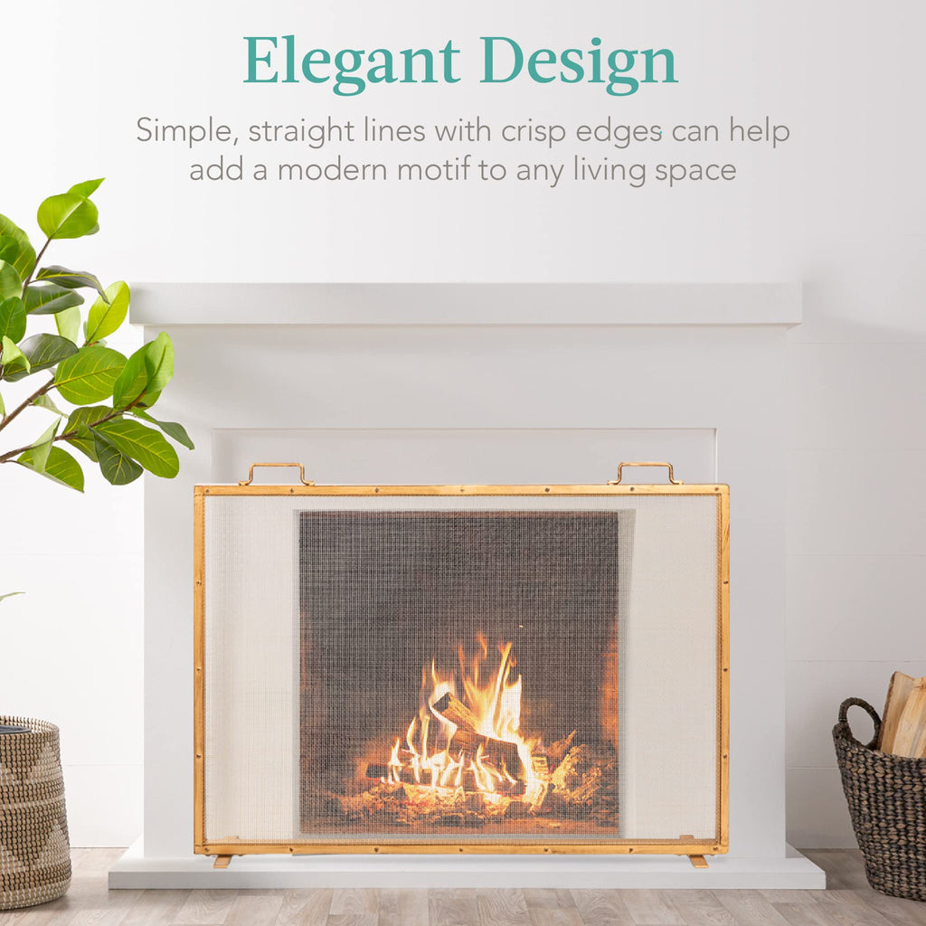 38x27in Single Panel Fireplace Screen Handcrafted Steel Mesh Spark Guard Décor w/Handles - Antique Gold