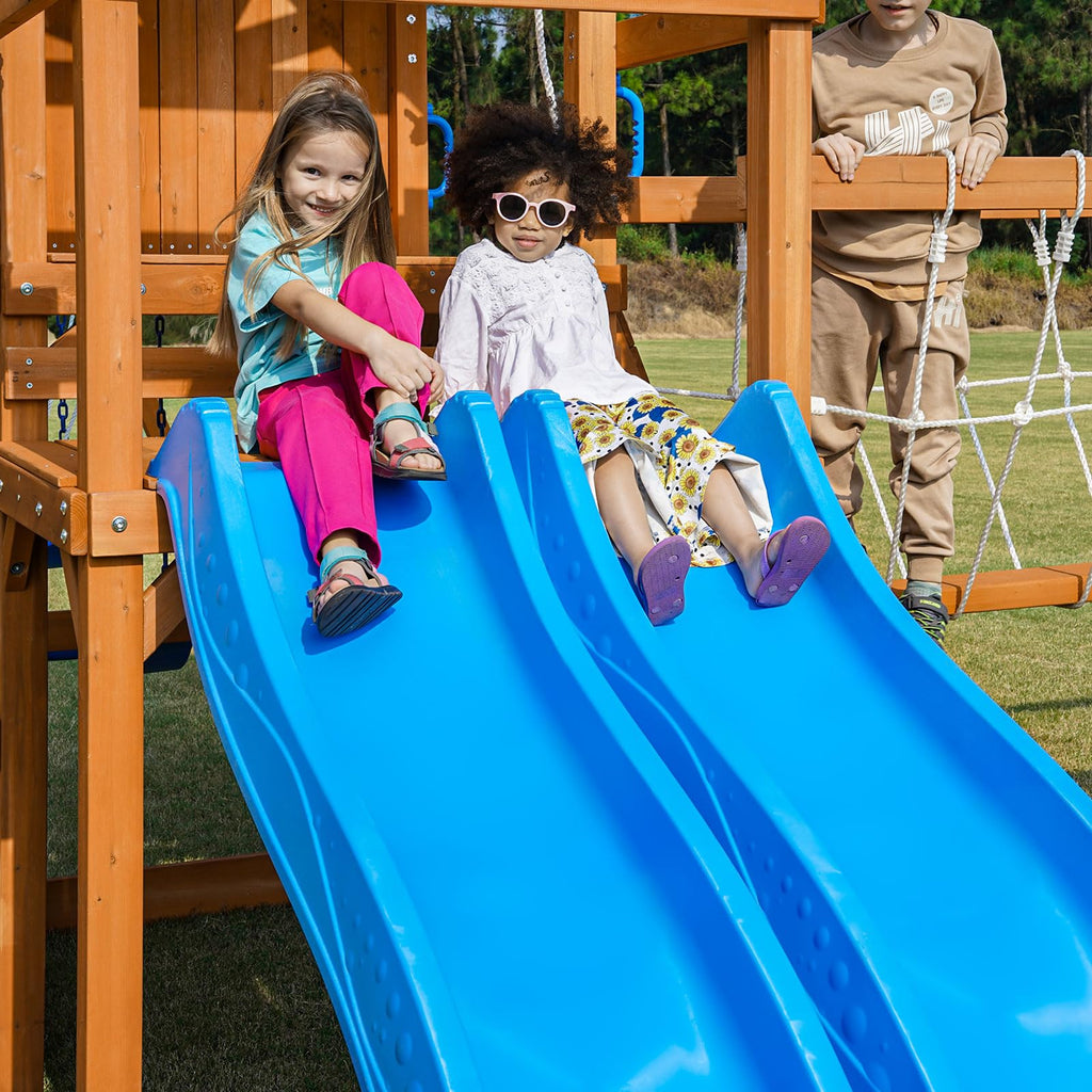 Playground Wooden Swing Sets with Monkey Bar, Outdoor Playhouse