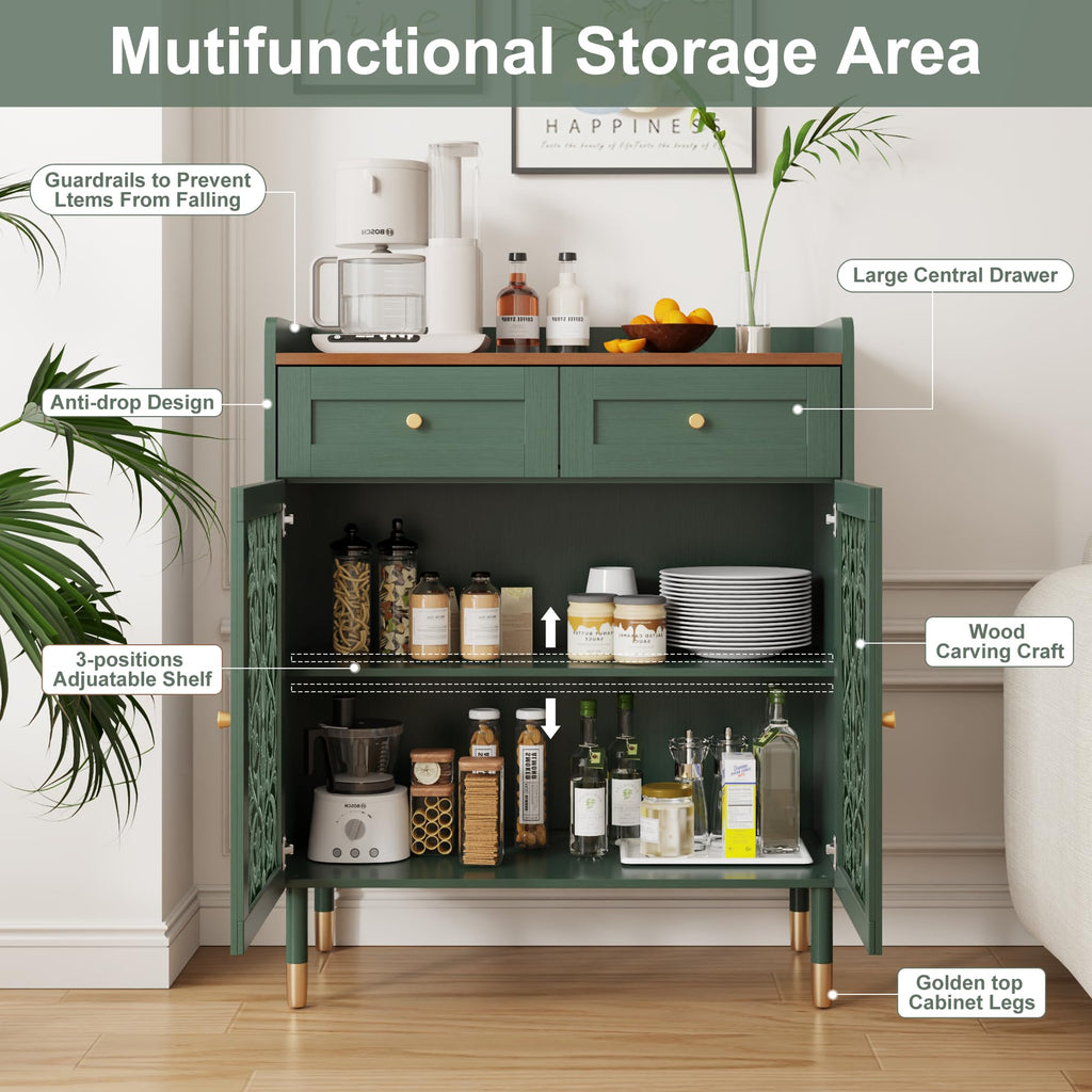 2 Door Retro Carving Sideboard Buffet Cabinet with 1 Drawer, Green