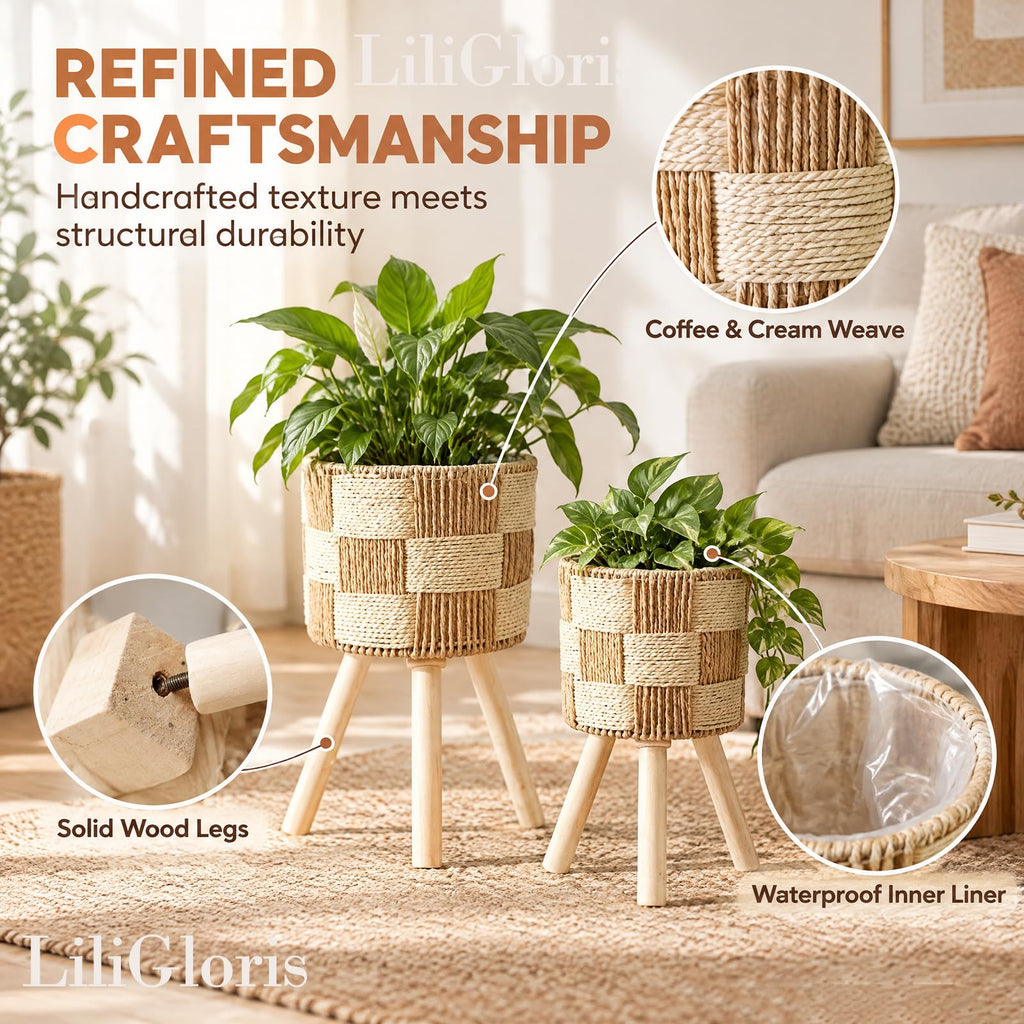 Boho Rattan Plant Stand Set of 2 - Handwoven Wicker Mid-Century Modern Floor Planter Stand for Indoor Plants, Large