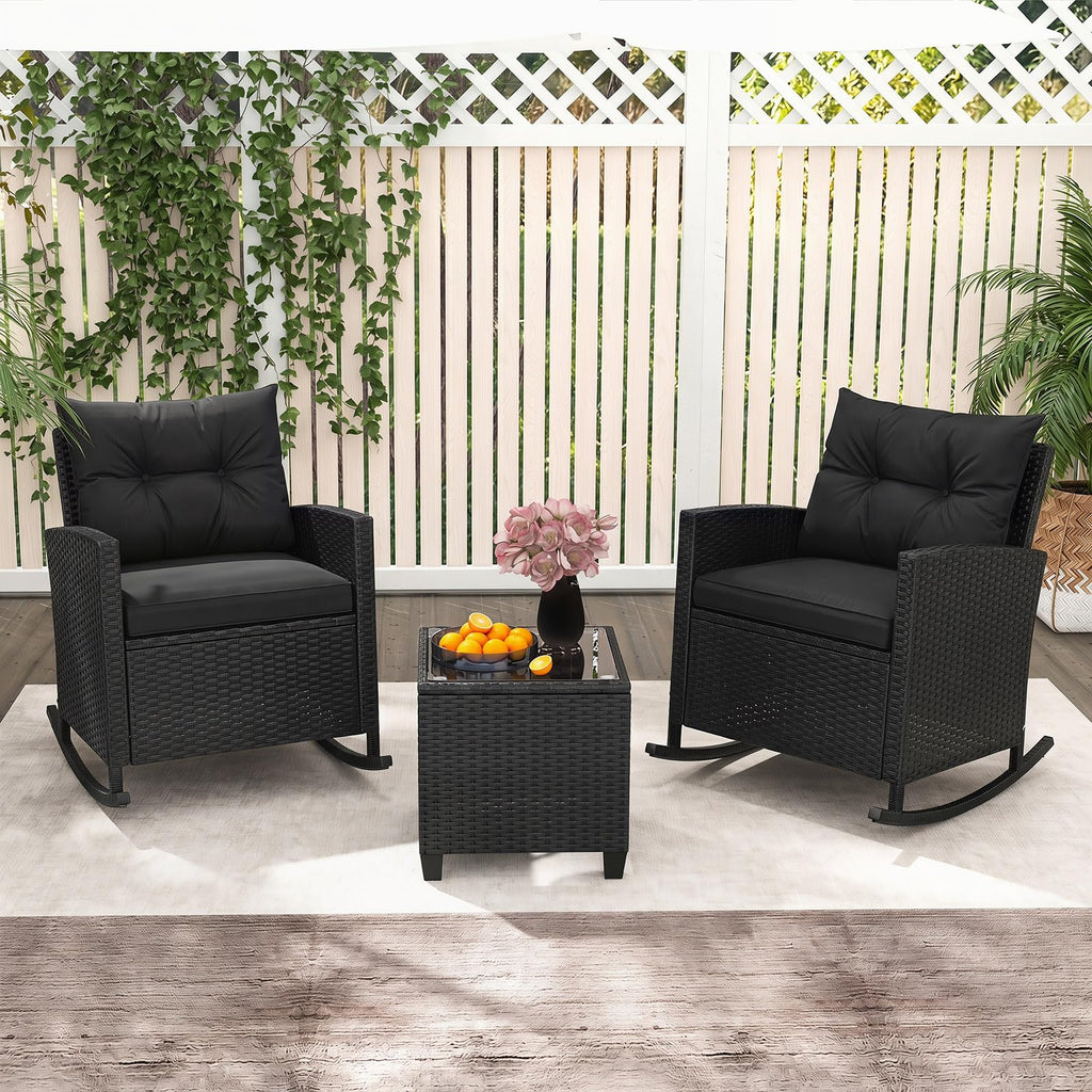 3 Piece Wicker Outdoor Rocking Chairs Set (Black)