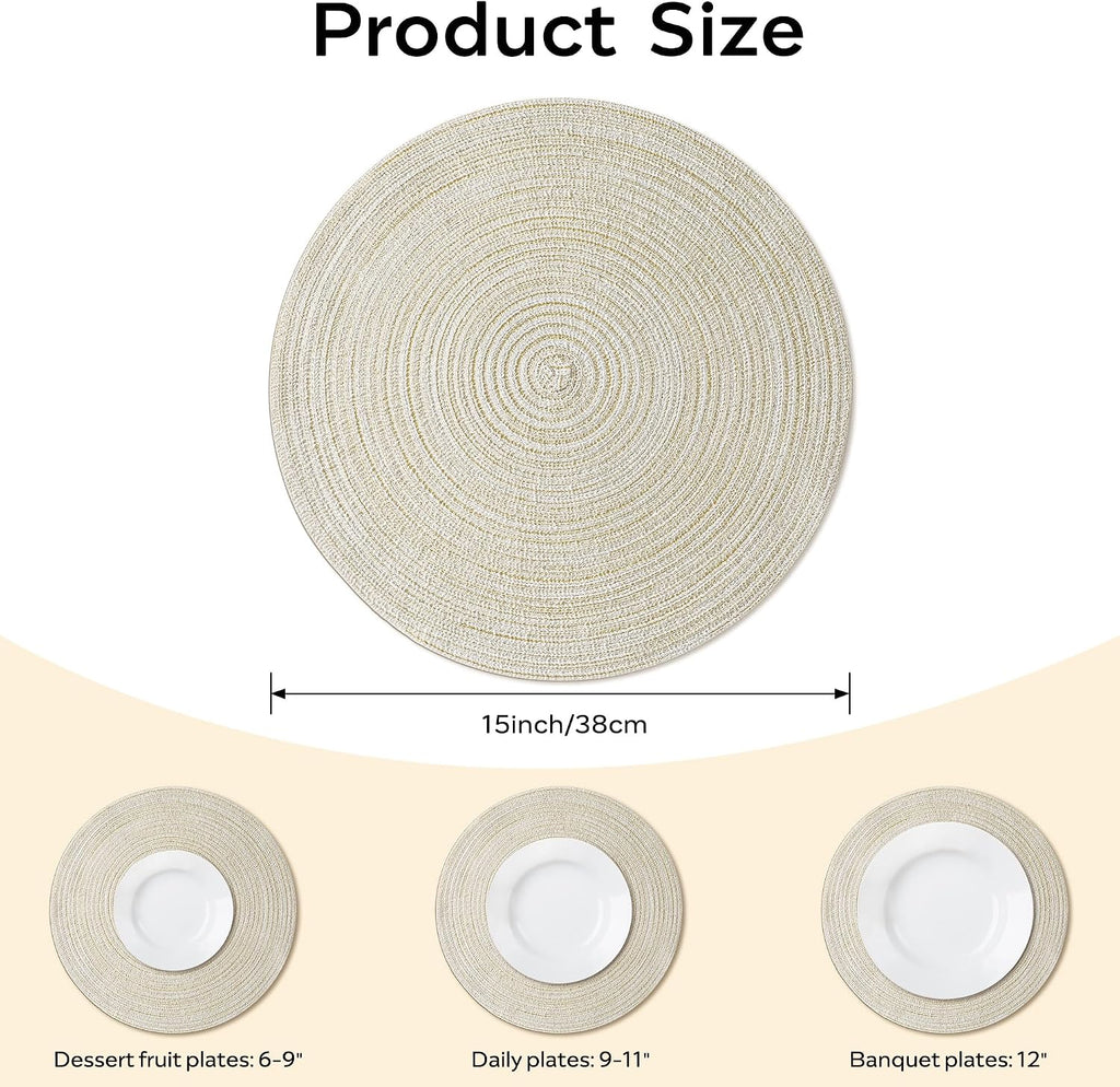 Round Placemats Heat and Slip Resistant Cotton Table Mats, Washable Bohemian Placemats for Dining Tables (White - Set of 6
